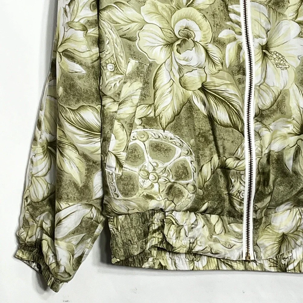 Studio Ray River Edge Womens Small Silk Bomber Jacket Green Floral‎ Tropical Zip